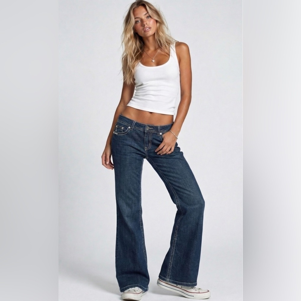 Lei Flared Jeans 7 (28x29.5) Dark Wash Blue Denim Stretch Mid Rise Juniors